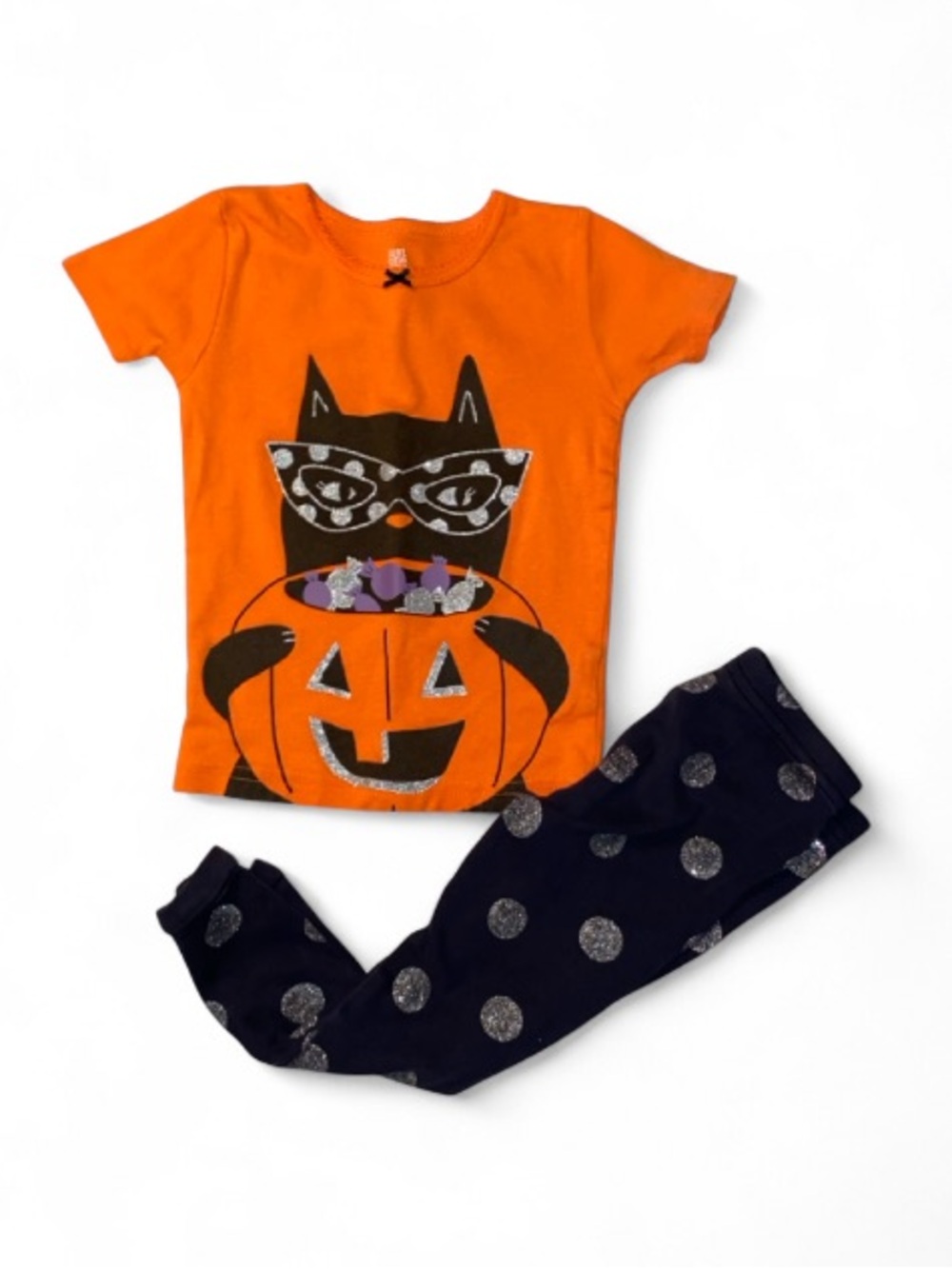 Carter's Orange Cat & Pumpkin Tee with Black Polka Dot Leggings - Picture 2 of 8